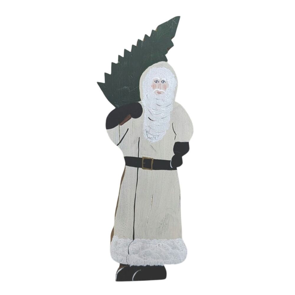 Vintage Hand painted Wood Santa with Trees Decor